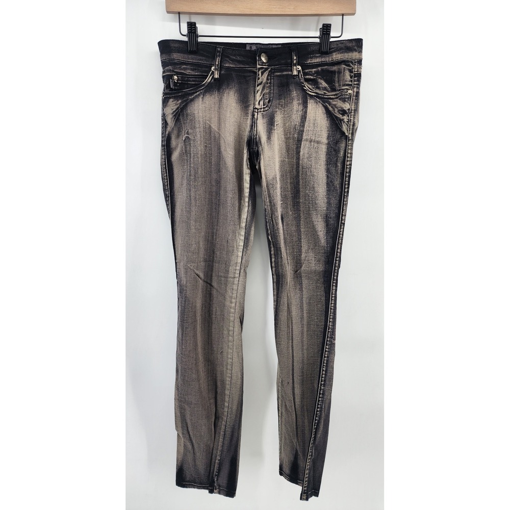 Tripp NYC Acid Wash Skinny Jeans Skull Hardware Bleach Effect Grey Black 7